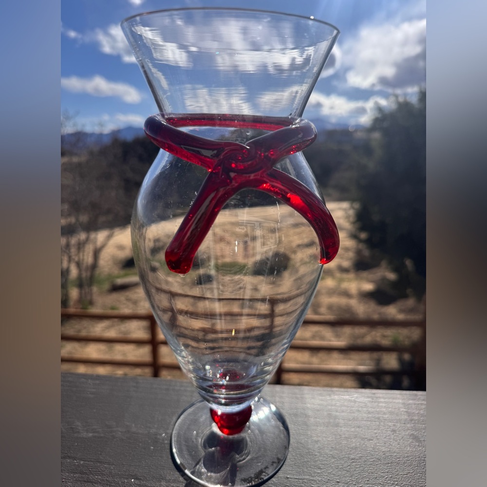 lear Glass Vase with Hand Blown RED Glass Bow Accent and Red Pedestal Ball 12"